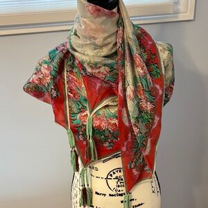 Johnny Was Vibrant Red and Green Floral Scarf Silk with Tassels